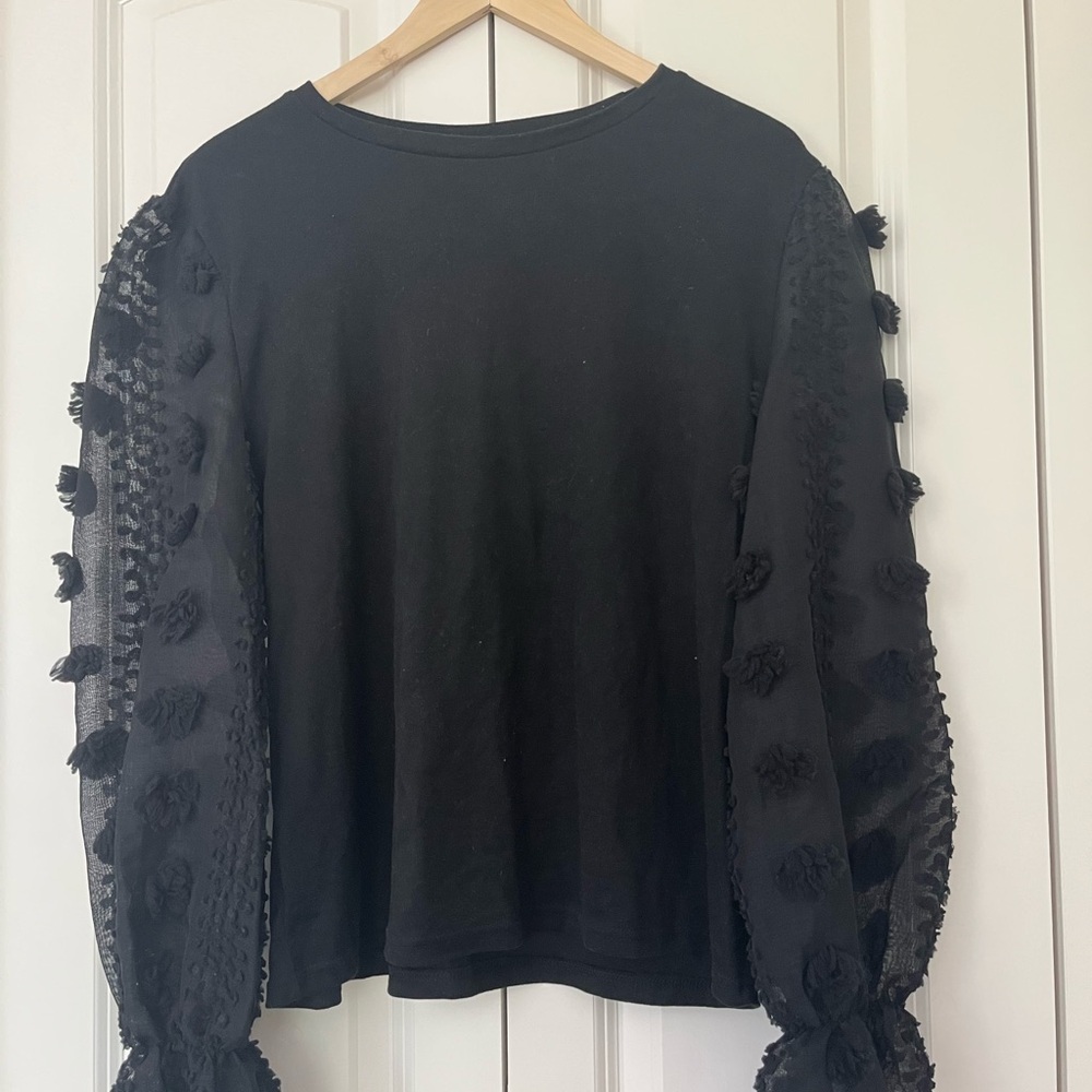 SHEIN Black Blouse with Textured Sleeves